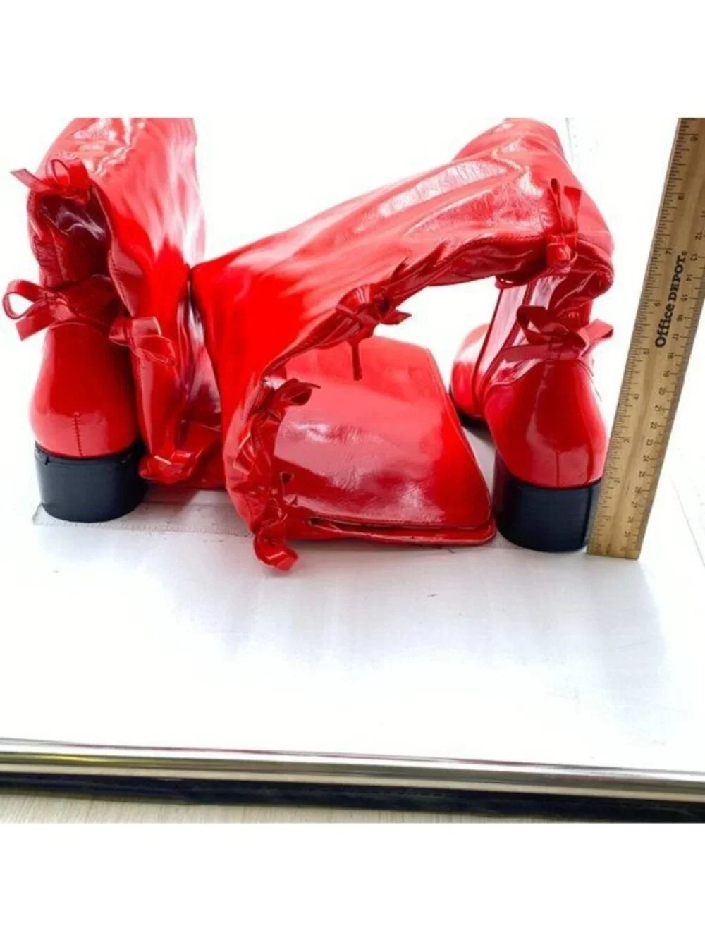 Red Over The Knee Thigh High Leather Chunky Heel Round Toe Bowknots Riding Boots